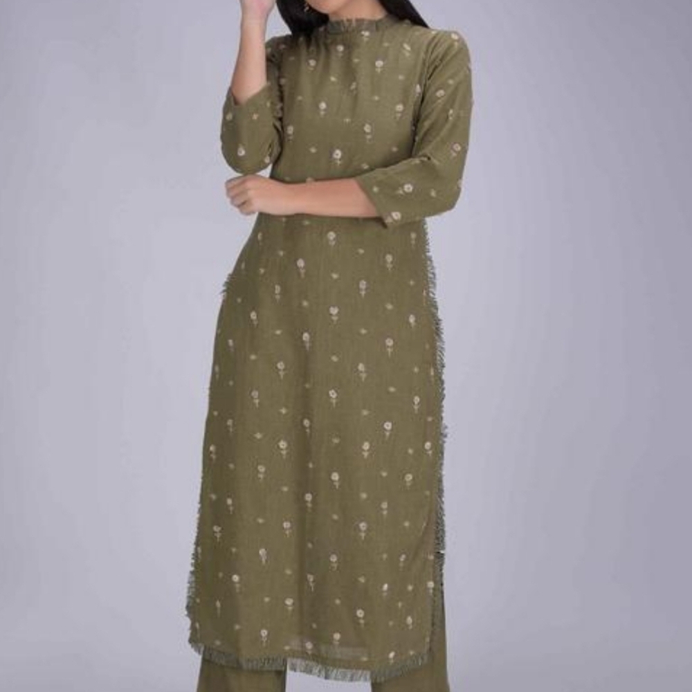 Womens Olive Green Silk Blend Metallic Thread Mandarin Collar Floral Print Kurta